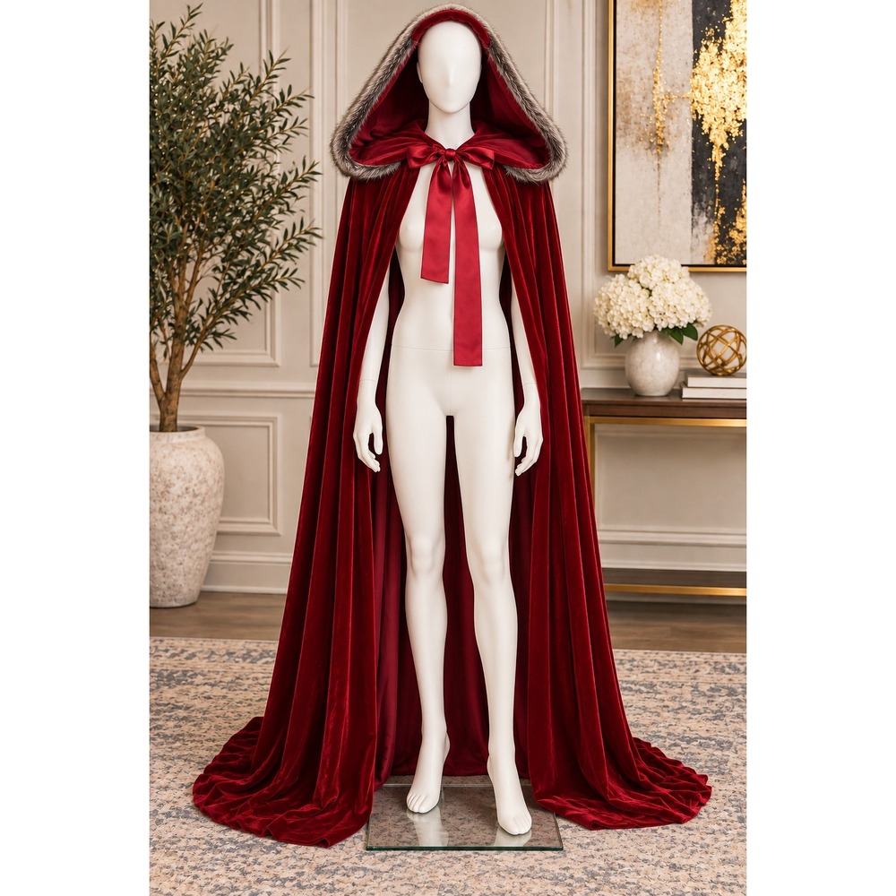 Spirit Halloween Red Velvet Hooded Cape Cloak Faux Fur Trim Adult OS